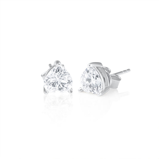 Pair of heart cut moissanite stud earrings in 925 sterling silver, displayed on a white background.