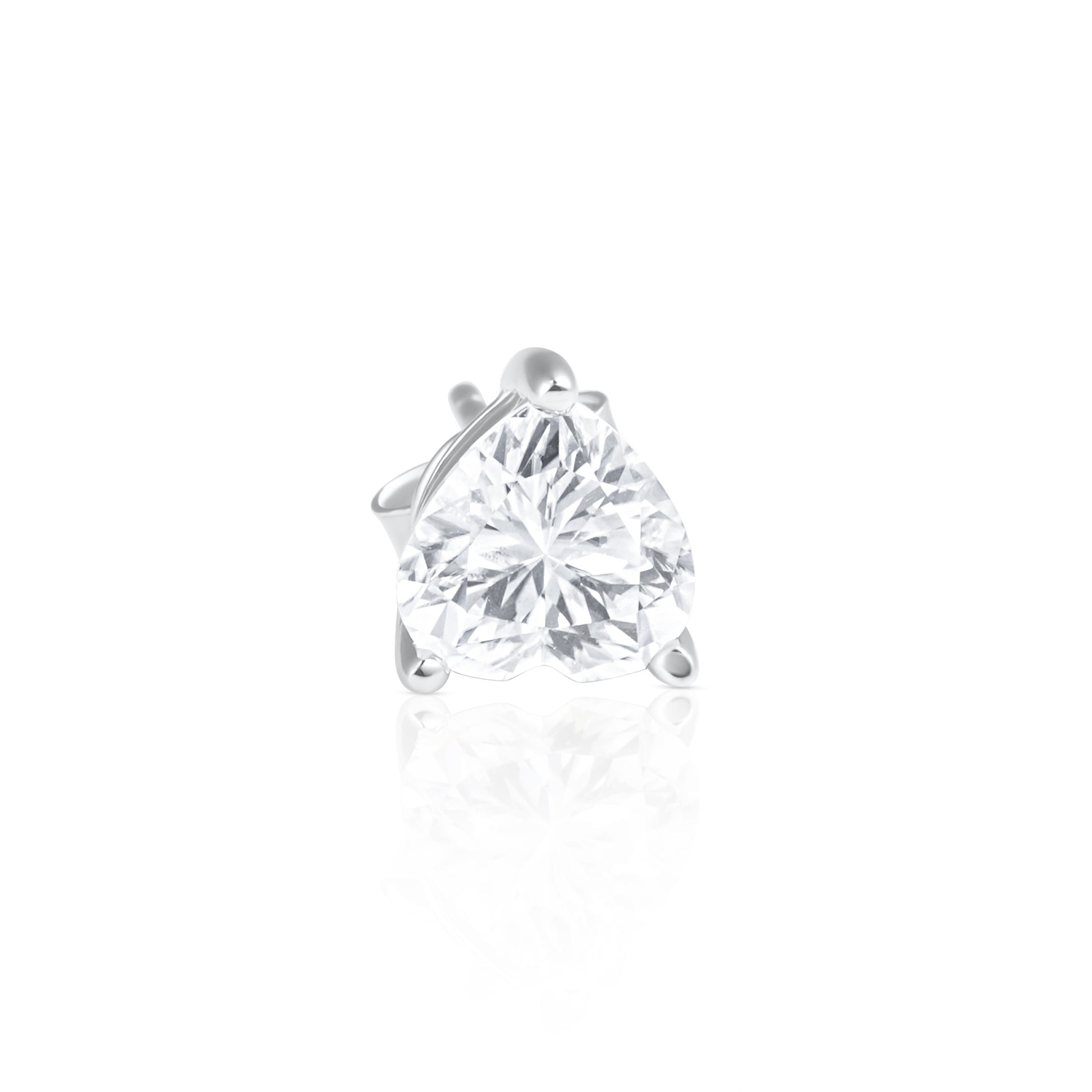 Close-up front view of a heart cut moissanite stud earring in 925 sterling silver.