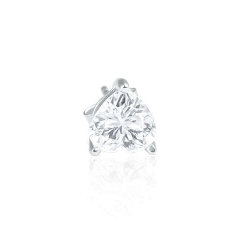 Close-up front view of a heart cut moissanite stud earring in 925 sterling silver.