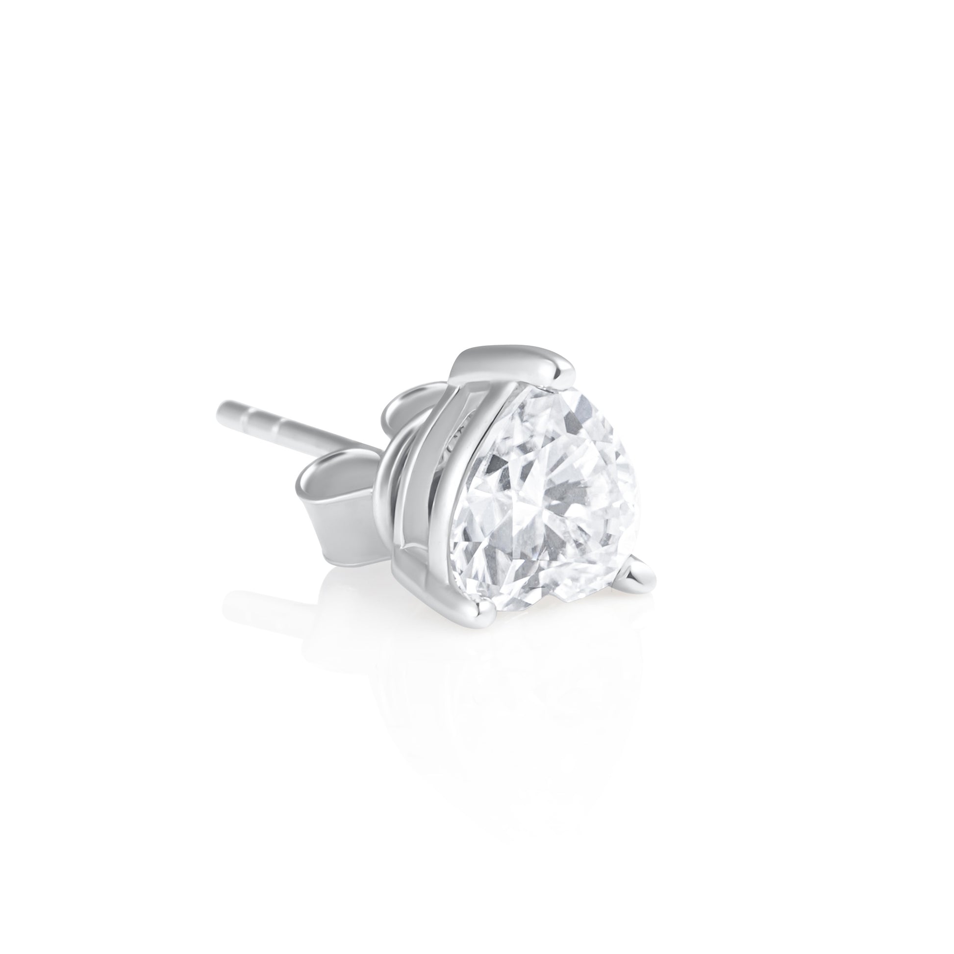 Side view of a heart cut moissanite stud earring in 925 sterling silver, highlighting the prong setting and post back.