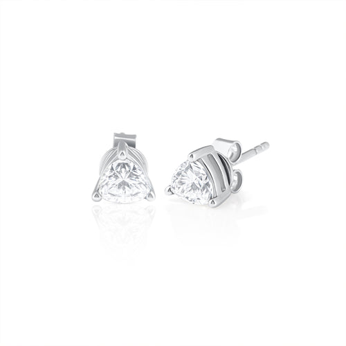 Pair of trillion cut moissanite stud earrings in 925 sterling silver, shown on a white background.