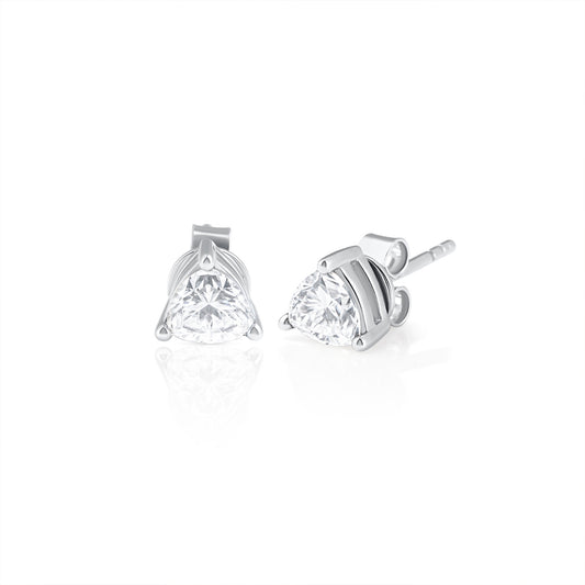 Pair of trillion cut moissanite stud earrings in 925 sterling silver, shown on a white background.