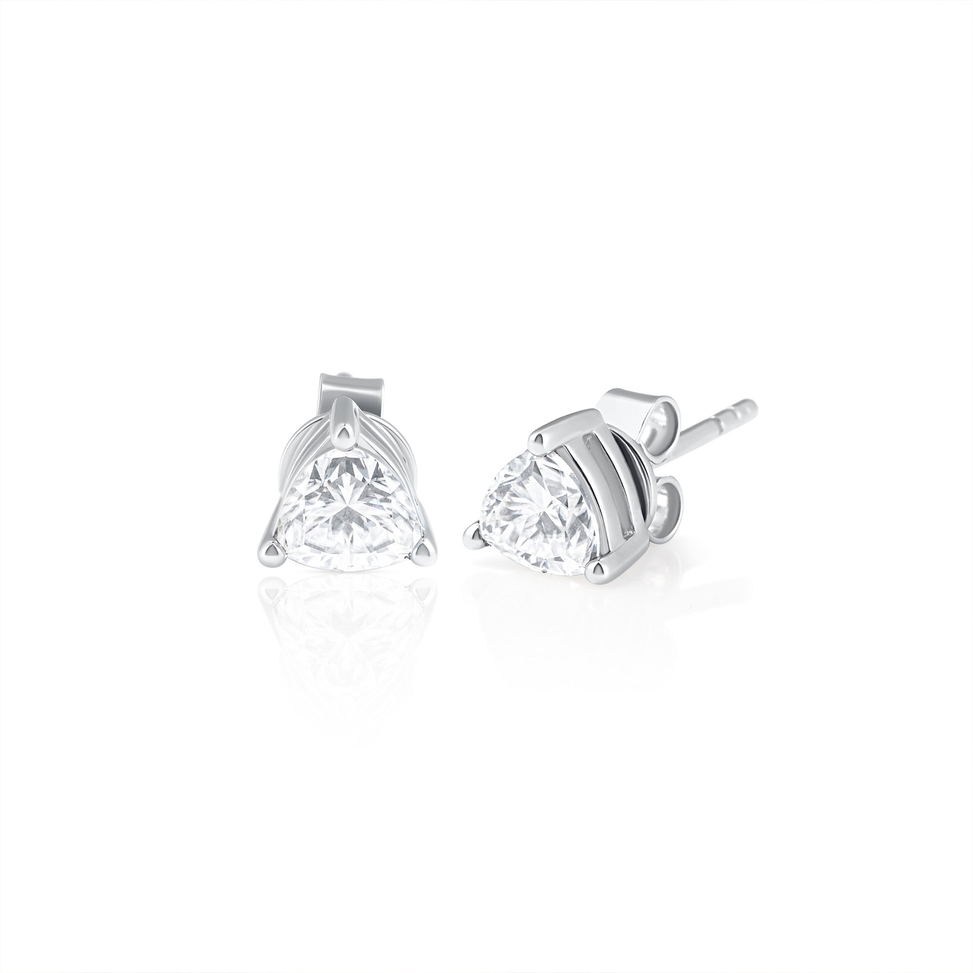 Pair of trillion cut moissanite stud earrings in 925 sterling silver, displayed on a white background.