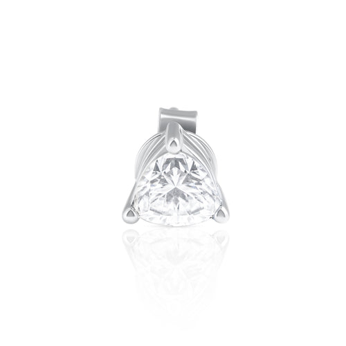 Close-up front view of a trillion cut moissanite stud earring in 925 sterling silver.