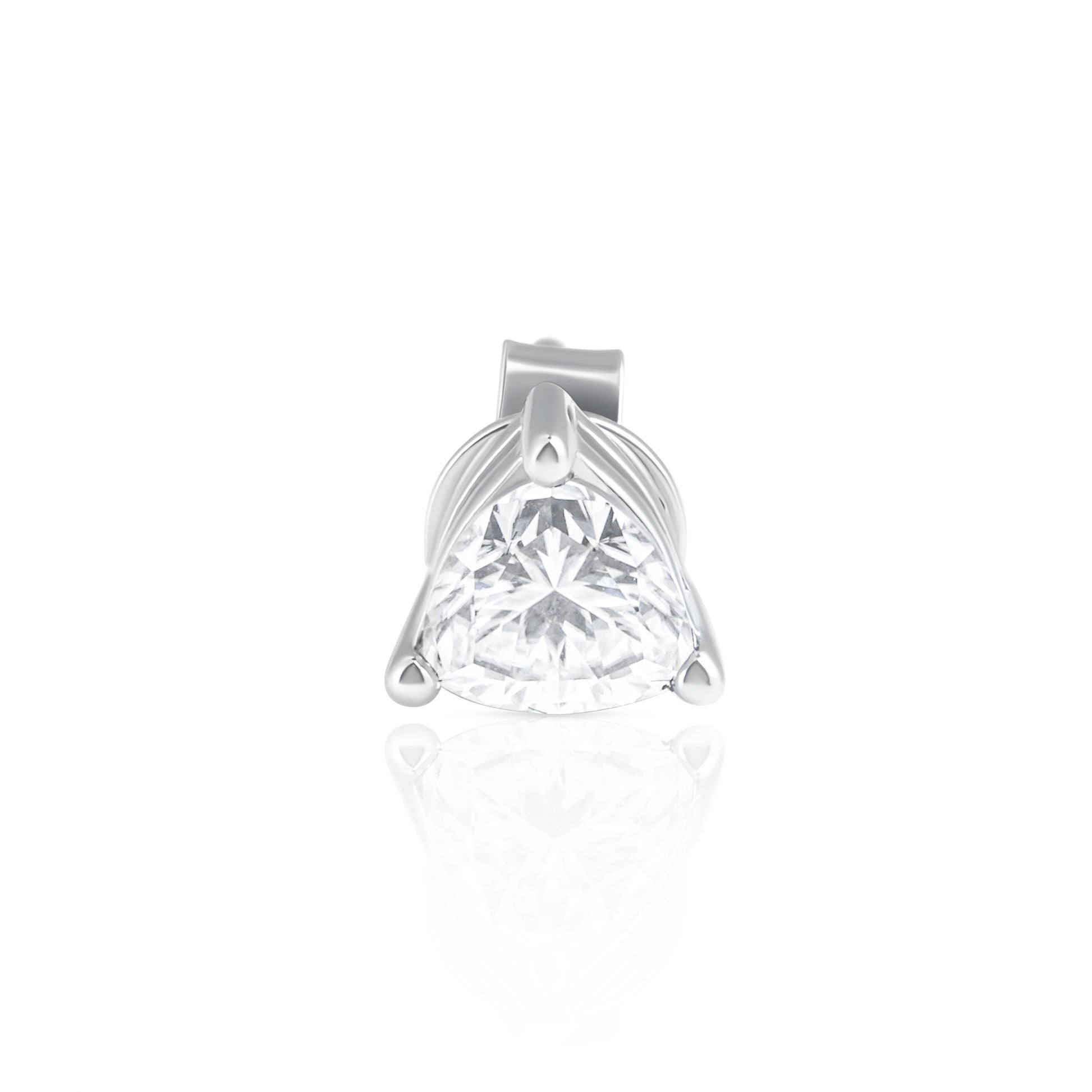 Close-up front view of a trillion cut moissanite stud earring in 925 sterling silver.