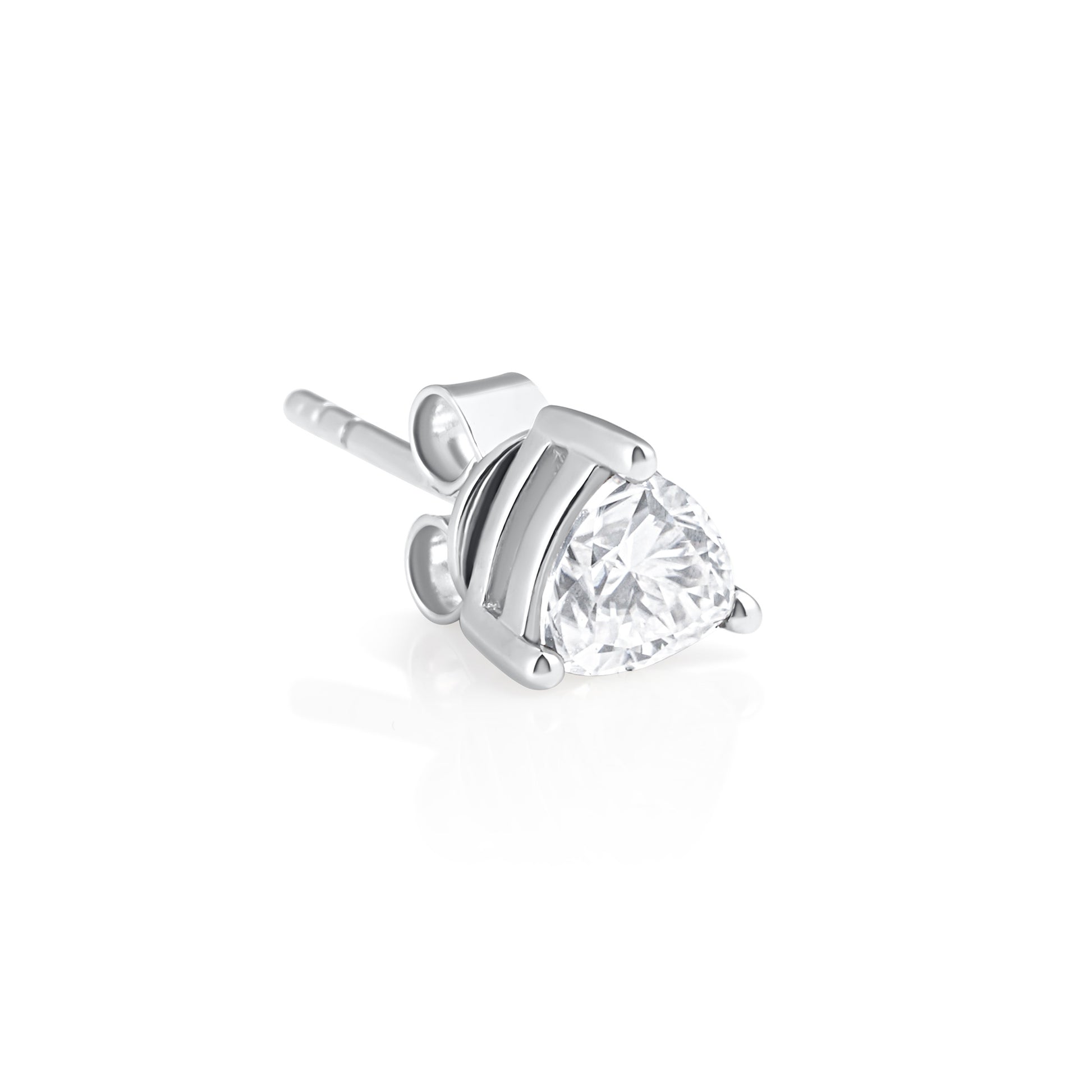 Side view of a trillion cut moissanite stud earring in 925 sterling silver, showing the prong setting and post back.
