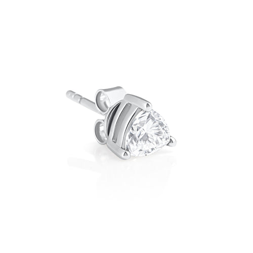 Side view of a trillion cut moissanite stud earring in 925 sterling silver, showing the prong setting and post back.
