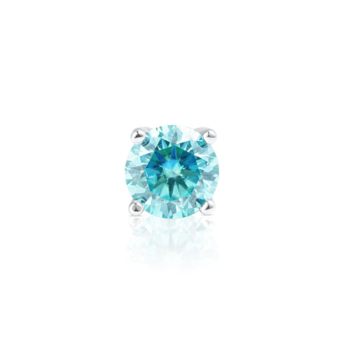 Front view of a Summer Edition round aquamarine stud earring with a 1 ct brilliant cut aquamarine-colored moissanite in a four-prong sterling silver setting.