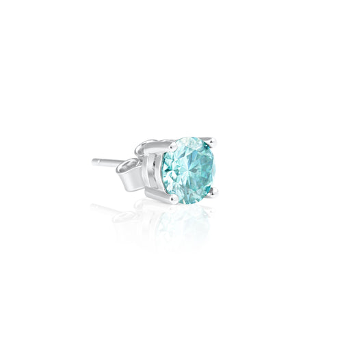 Angled side view of a Summer Edition round aquamarine stud earring showcasing a 1 ct brilliant cut aquamarine moissanite mounted in 925 sterling silver.