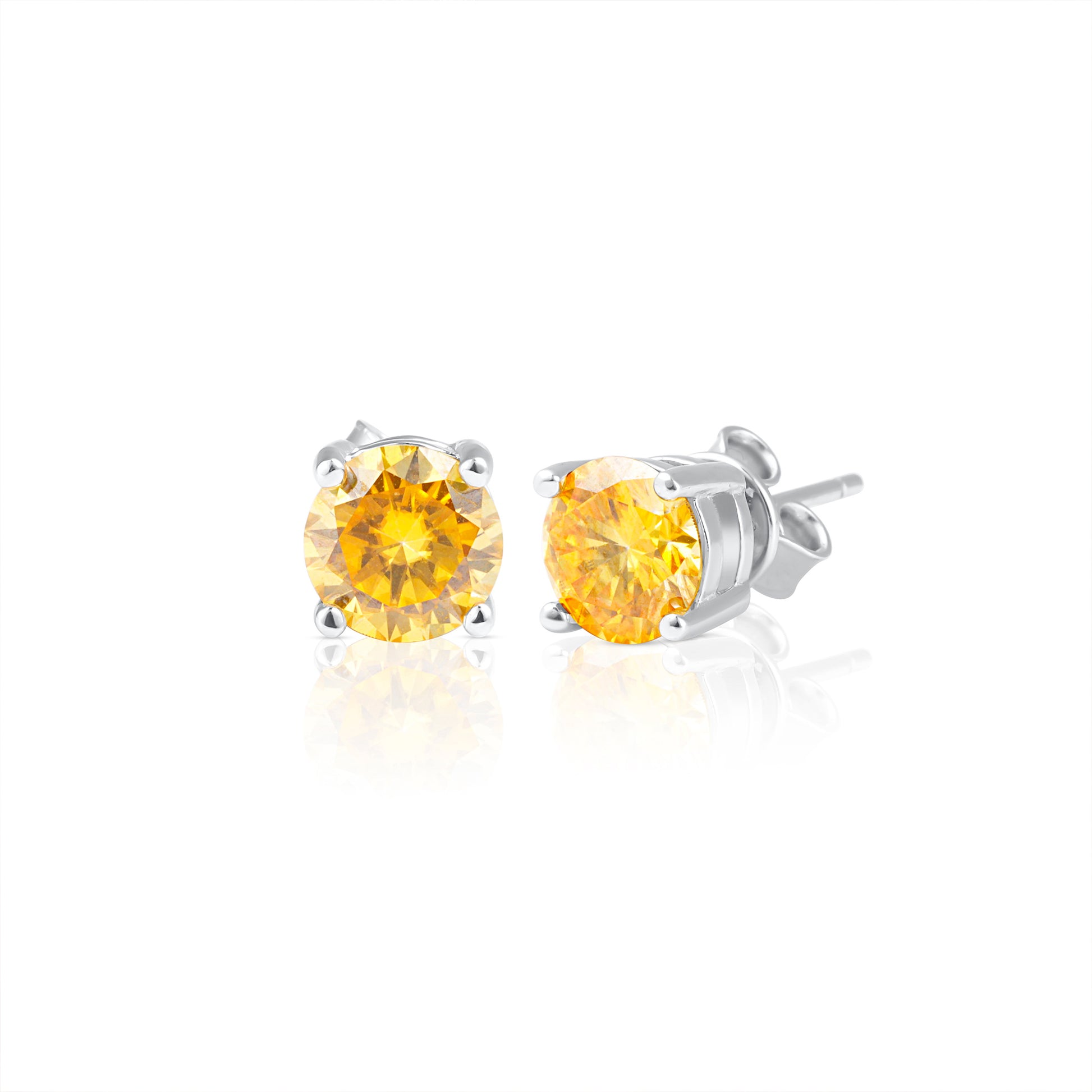Pair of Summer Edition round yellow moissanite stud earrings featuring 1 ct brilliant cut stones set in 925 sterling silver, displayed on a white background.