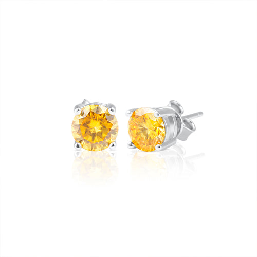 Pair of Summer Edition round yellow moissanite stud earrings featuring 1 ct brilliant cut stones set in 925 sterling silver, displayed on a white background.