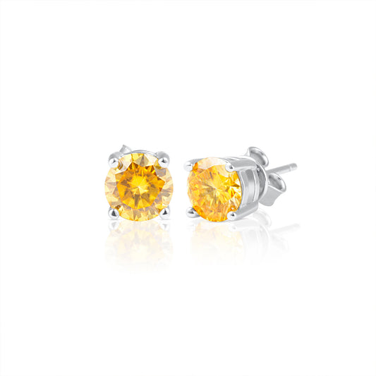 Pair of Summer Edition round yellow moissanite stud earrings featuring 1 ct brilliant cut stones set in 925 sterling silver, displayed on a white background.