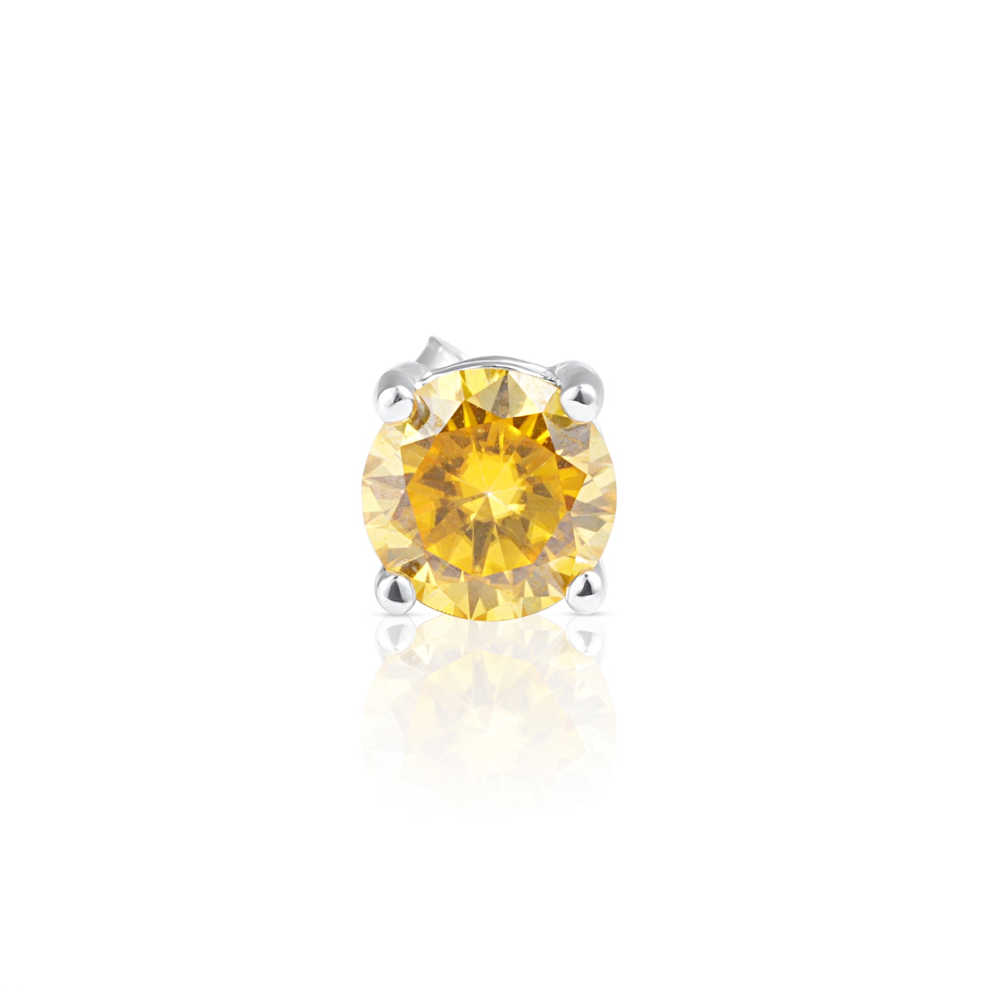 Front view of a Summer Edition round yellow stud earring with a 1 ct brilliant cut yellow moissanite set in a four-prong 925 sterling silver setting.