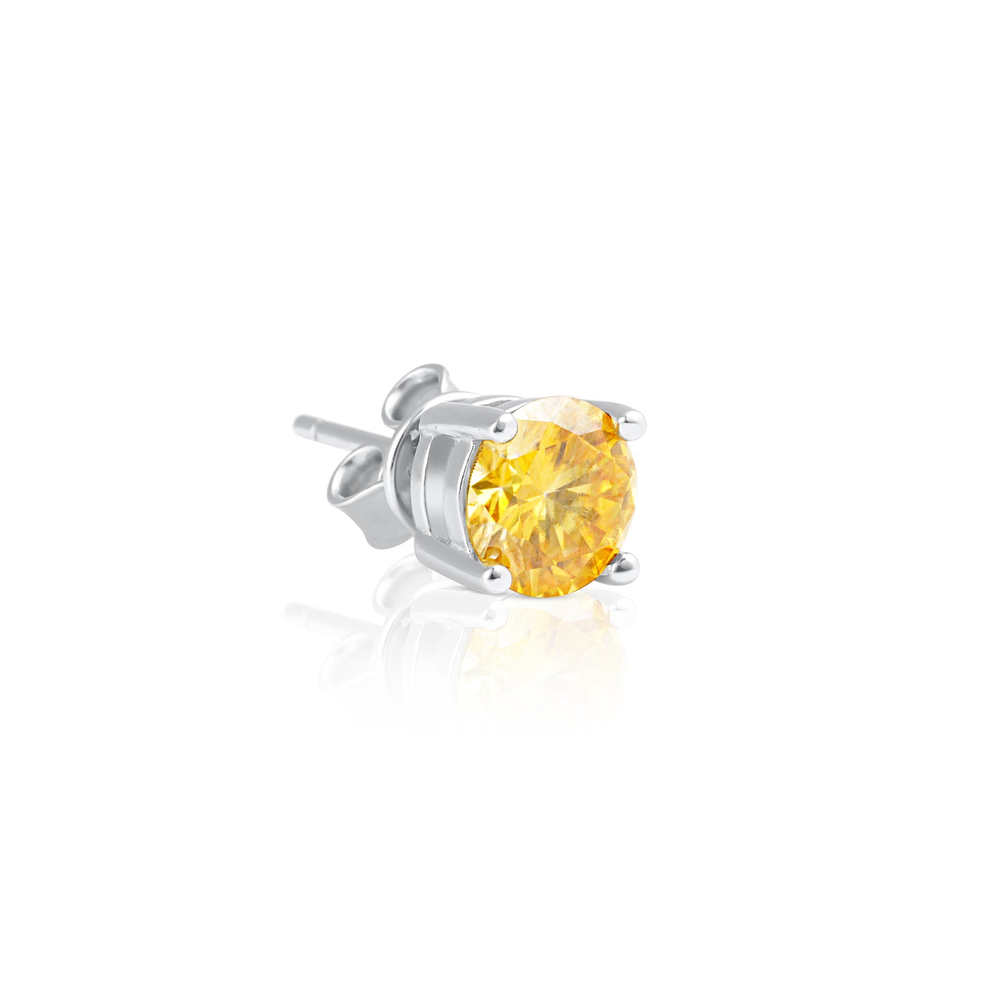 Angled side view of a Summer Edition round yellow stud earring showcasing a 1 ct brilliant cut yellow moissanite in a sterling silver four-prong setting.
