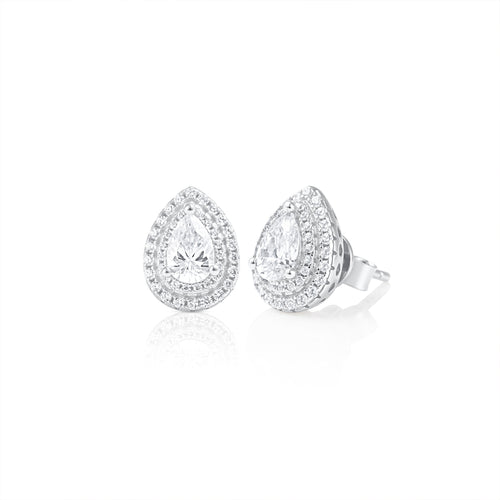 Pair of teardrop halo earrings featuring 0.5 ct pear cut moissanite stones surrounded by a double halo in 925 sterling silver, displayed on a white background.