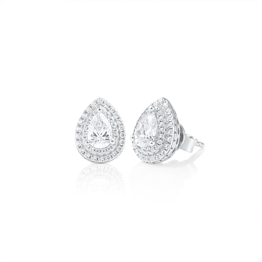 Pair of teardrop halo earrings featuring 0.5 ct pear cut moissanite stones surrounded by a double halo in 925 sterling silver, displayed on a white background.