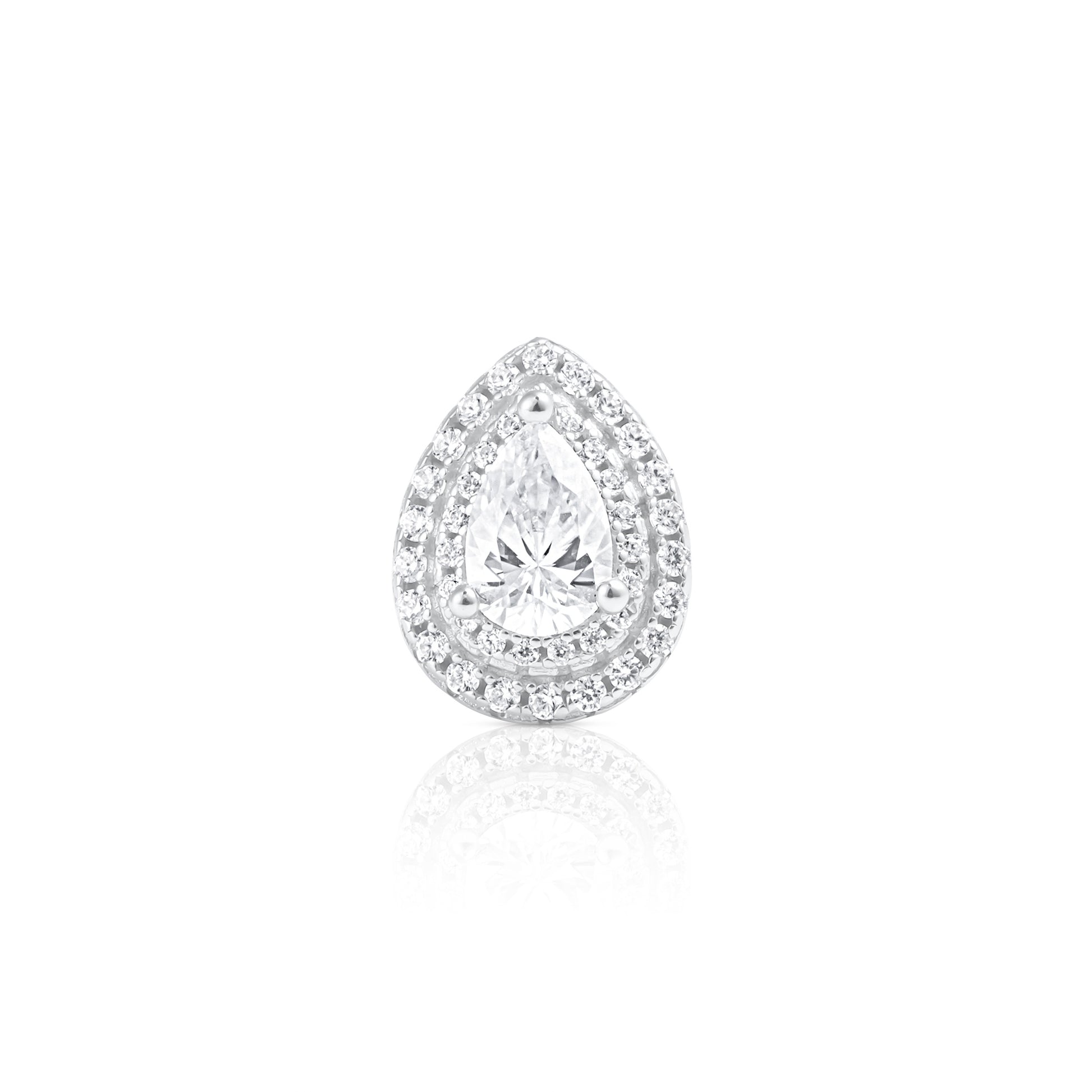 Front view of a teardrop halo earring with a 0.5 ct pear cut moissanite center stone framed by a double halo setting in 925 sterling silver.