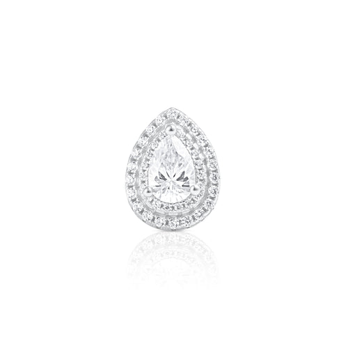 Front view of a teardrop halo earring with a 0.5 ct pear cut moissanite center stone framed by a double halo setting in 925 sterling silver.