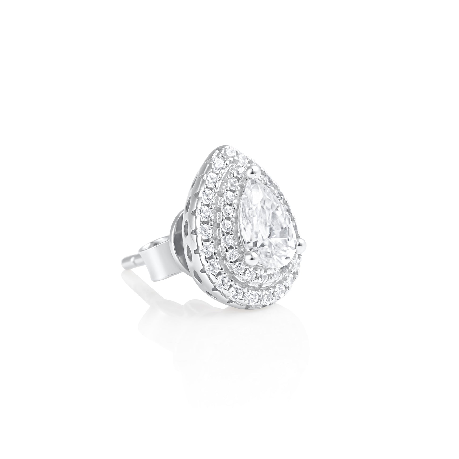 Angled side view of a teardrop halo earring showcasing the 0.5 ct pear cut moissanite and double halo sterling silver setting.
