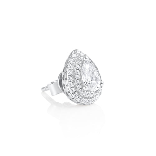 Angled side view of a teardrop halo earring showcasing the 0.5 ct pear cut moissanite and double halo sterling silver setting.