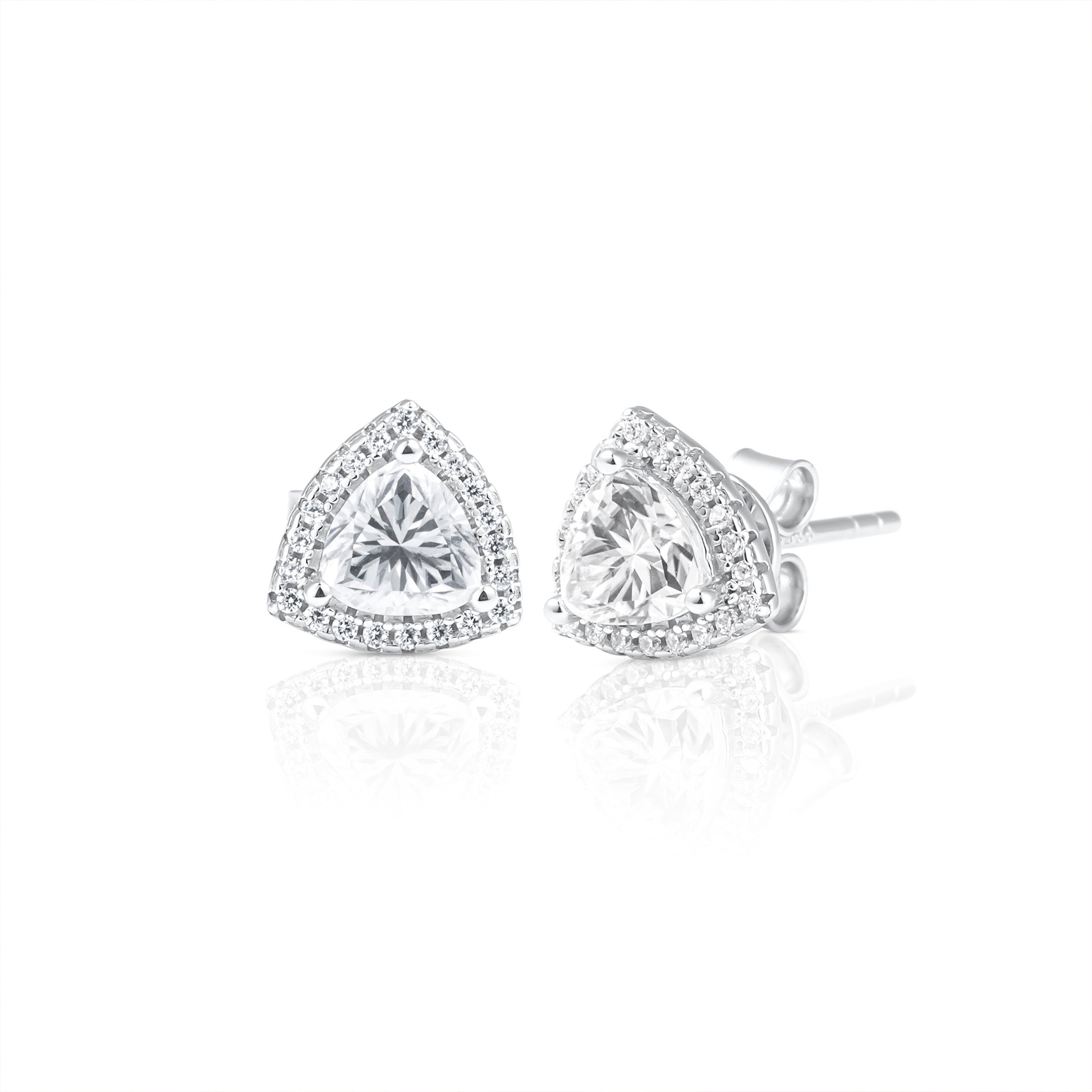 Pair of trillion cut halo earrings featuring 1 ct moissanite stones set in 925 sterling silver, displayed on a white background.
