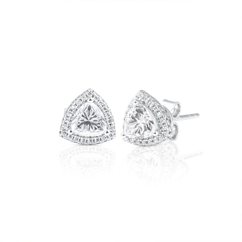 Pair of trillion cut halo earrings featuring 1 ct moissanite stones set in 925 sterling silver, displayed on a white background.