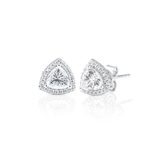 Pair of trillion cut halo earrings featuring 1 ct moissanite stones set in 925 sterling silver, displayed on a white background.