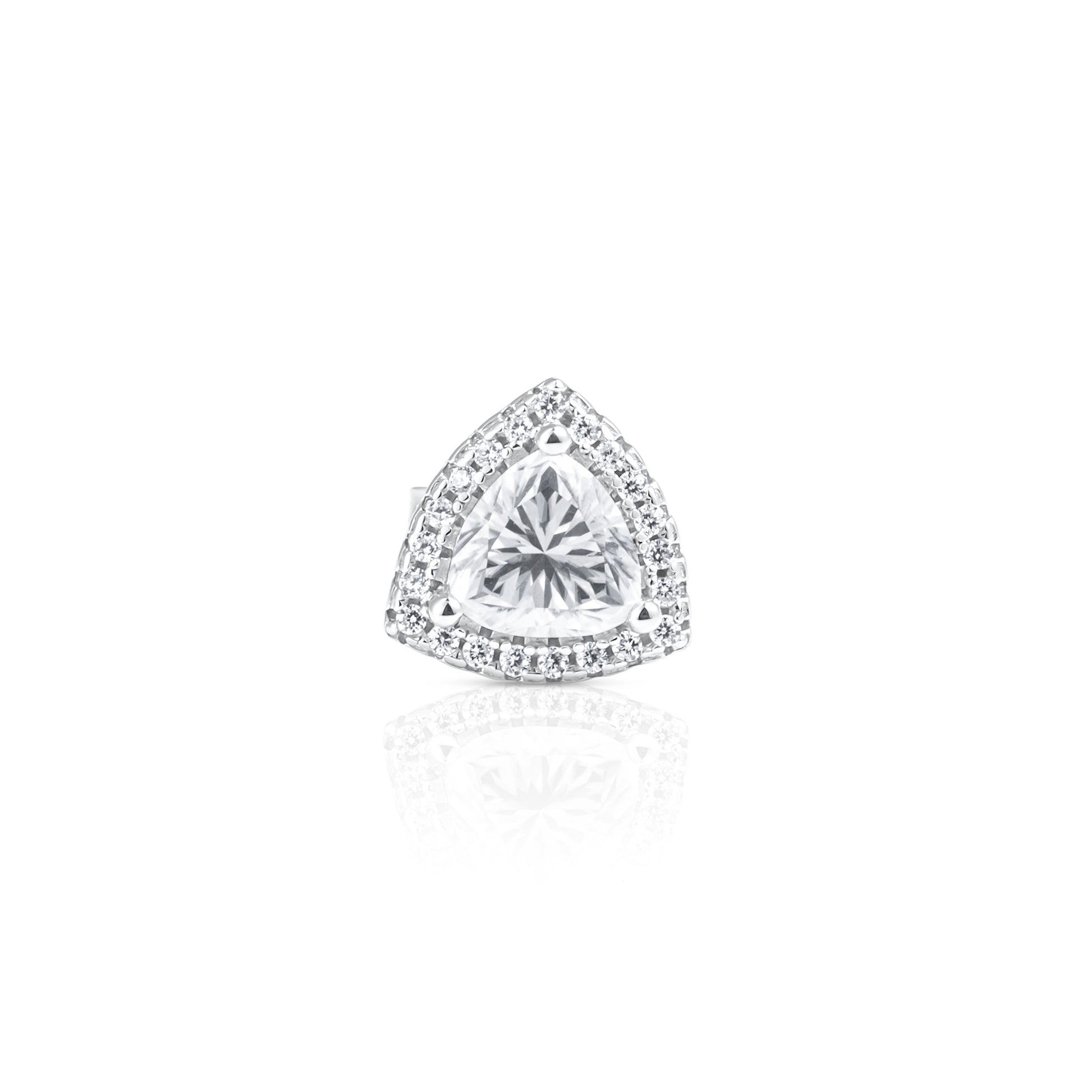 Front view of a trillion cut halo earring with a 1 ct moissanite center stone surrounded by a halo of accent stones in 925 sterling silver.