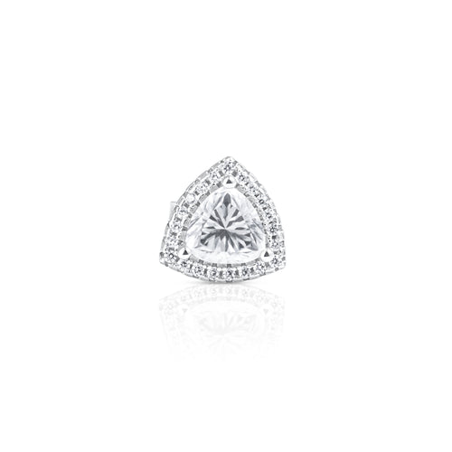 Front view of a trillion cut halo earring with a 1 ct moissanite center stone surrounded by a halo of accent stones in 925 sterling silver.