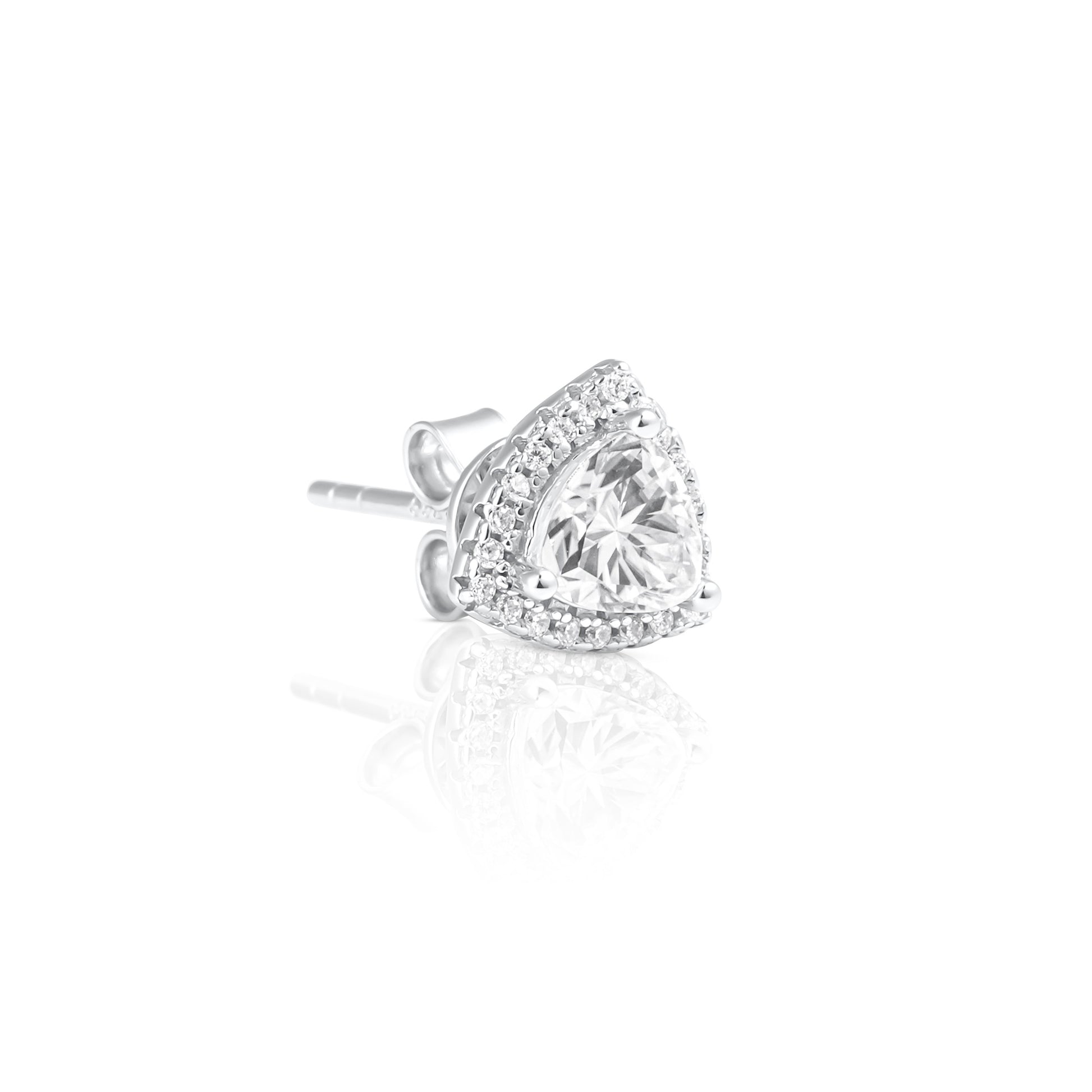 Angled side view of a trillion cut halo earring showcasing the 1 ct moissanite center stone and sterling silver setting.
