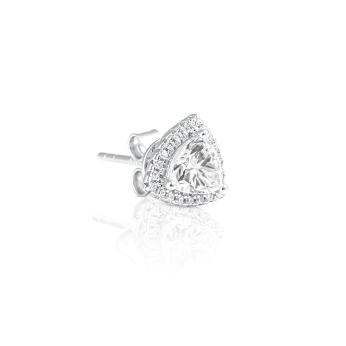 Angled side view of a trillion cut halo earring showcasing the 1 ct moissanite center stone and sterling silver setting.