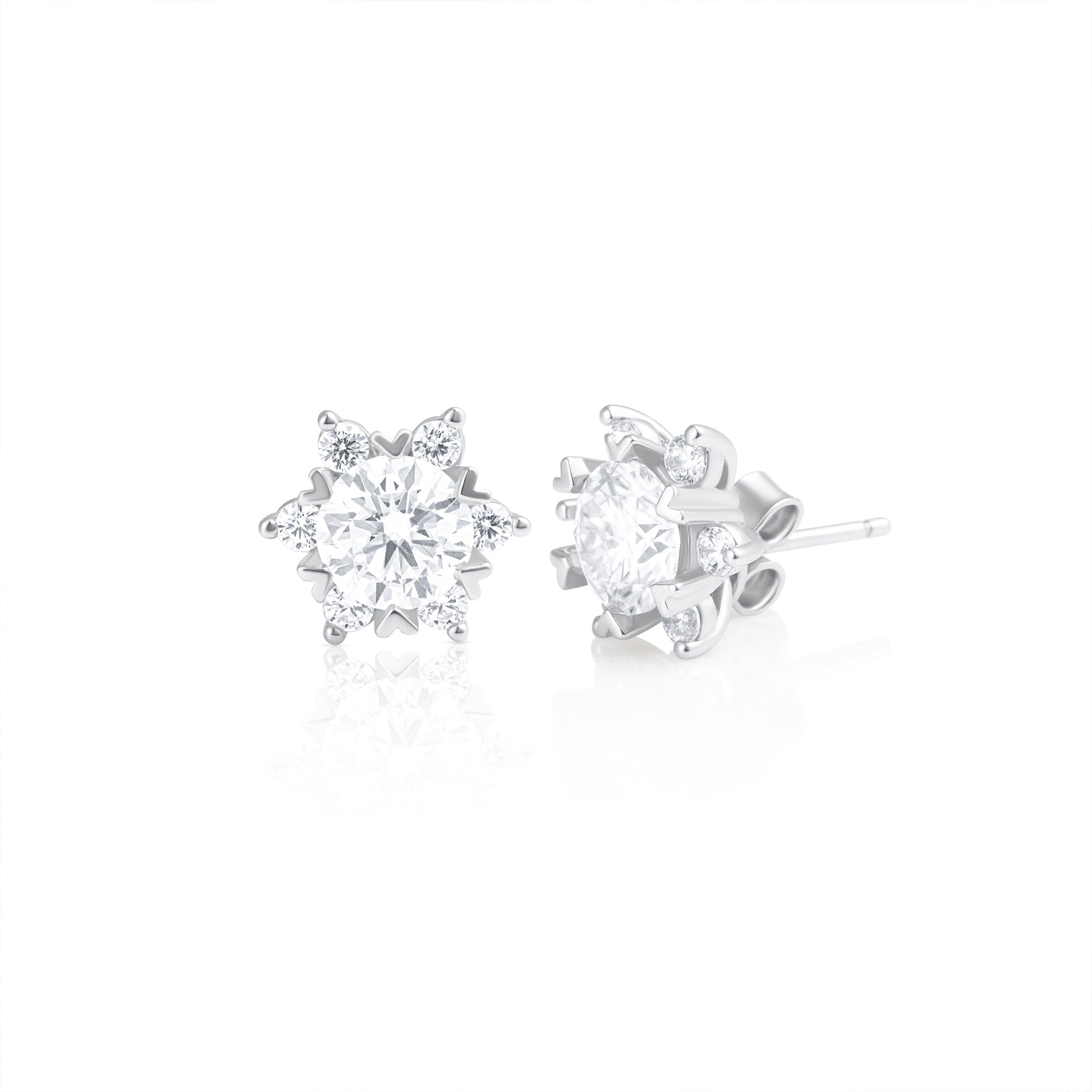Pair of Stella stud earrings featuring 2 ct brilliant cut moissanite stones set in 925 sterling silver, displayed on a white background.