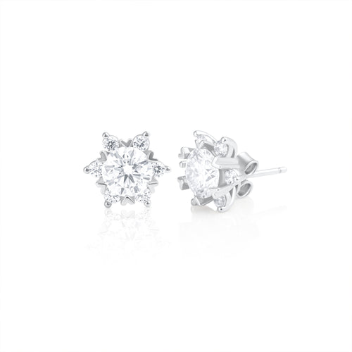 Pair of Stella stud earrings featuring 2 ct brilliant cut moissanite stones set in 925 sterling silver, displayed on a white background.