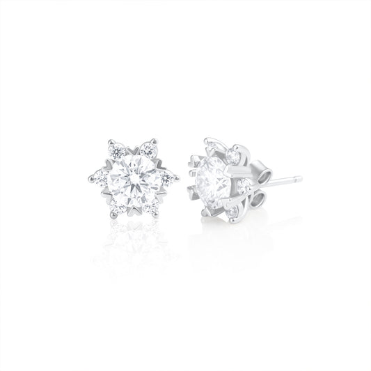 Pair of Stella stud earrings featuring 2 ct brilliant cut moissanite stones set in 925 sterling silver, displayed on a white background.