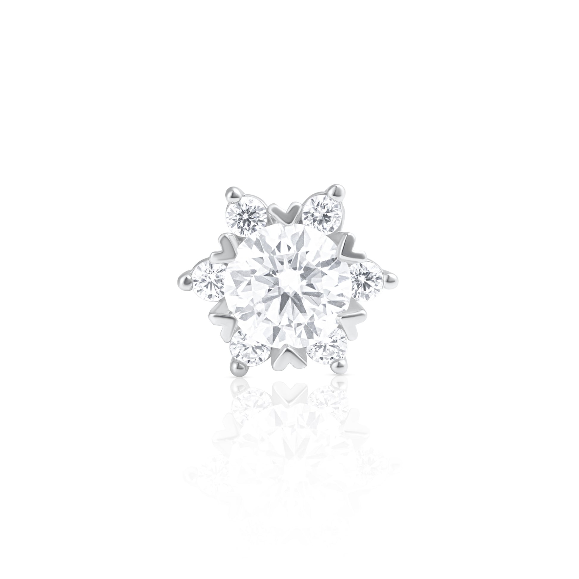 Front view of a Stella stud earring with a 2 ct brilliant cut moissanite stone surrounded by accent moissanites in 925 sterling silver.
