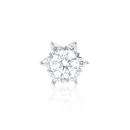 Front view of a Stella stud earring with a 2 ct brilliant cut moissanite stone surrounded by accent moissanites in 925 sterling silver.