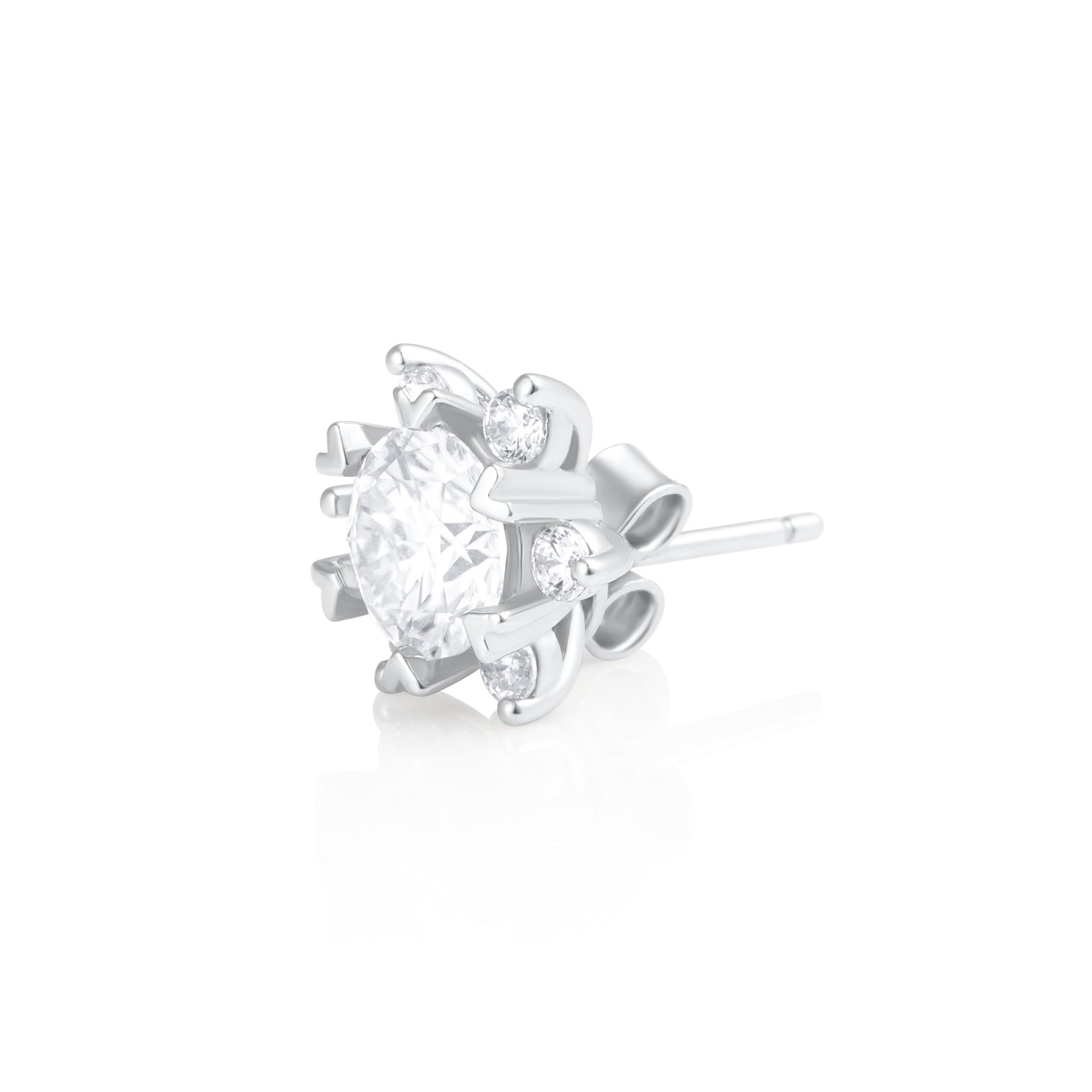 Side view of a Stella stud earring showcasing a 2 ct brilliant cut moissanite stone and sterling silver setting.
