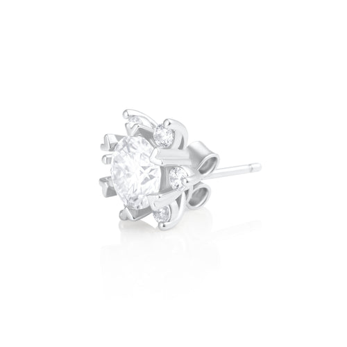 Side view of a Stella stud earring showcasing a 2 ct brilliant cut moissanite stone and sterling silver setting.